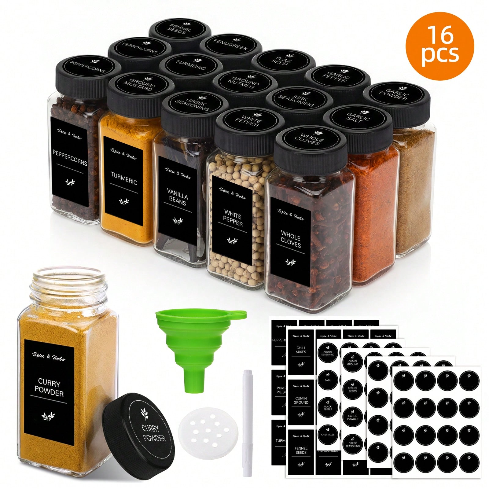 Spice Jar Labels - 16/24'lü Paket 4oz Kare Cam Baharat